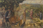 Acervo Museu Histórico e Pedagógico Prudente de Moraes: reprodução fotográfica da obra óleo sobre tela "Mudança de Povoação -1784", pintada em 1967 por Alberto Thomazzi