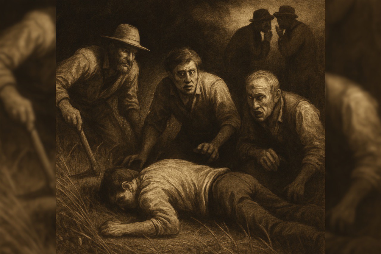 Imagem gerada por IA que retrata como o corpo de Victorio Salvadori foi encontrado na roça