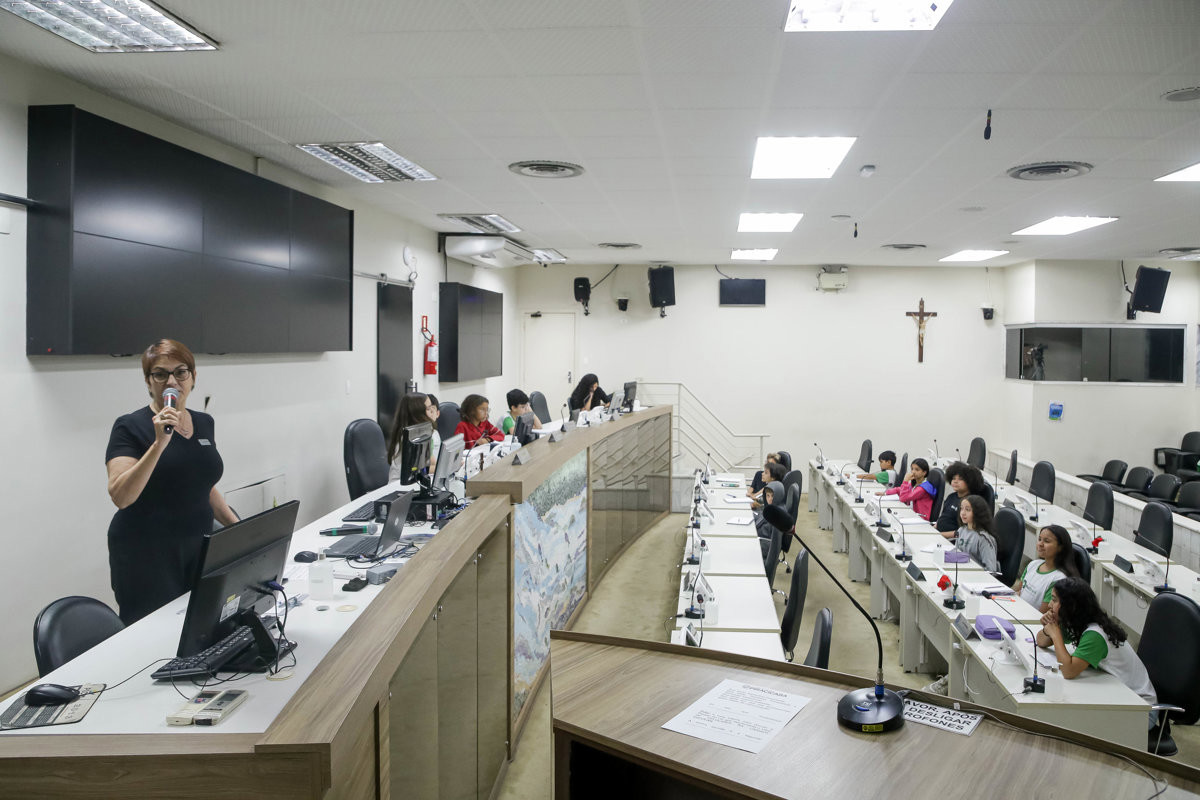 Alunos na faixa etária de 10 a 11 anos participaram da atividade do Conheça o Legislativo na tarde desta quarta-feira (27), no Plenário "Franscisco Antonio Coelho"
