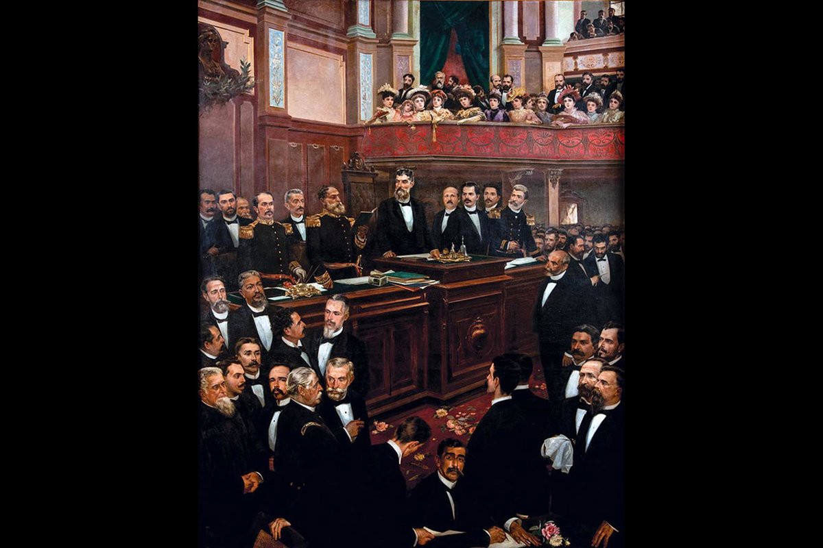 Óleo sobre tela que mostra Prudente de Moraes, em 26 de fevereiro de 1891, presidindo a Assembleia Nacional Constituinte, durante o juramento de Marechal Deodoro da Fonseca. CRÉDITO: Compromisso Constitucional, Aurélio de Figueiredo (1896)/Museu da República