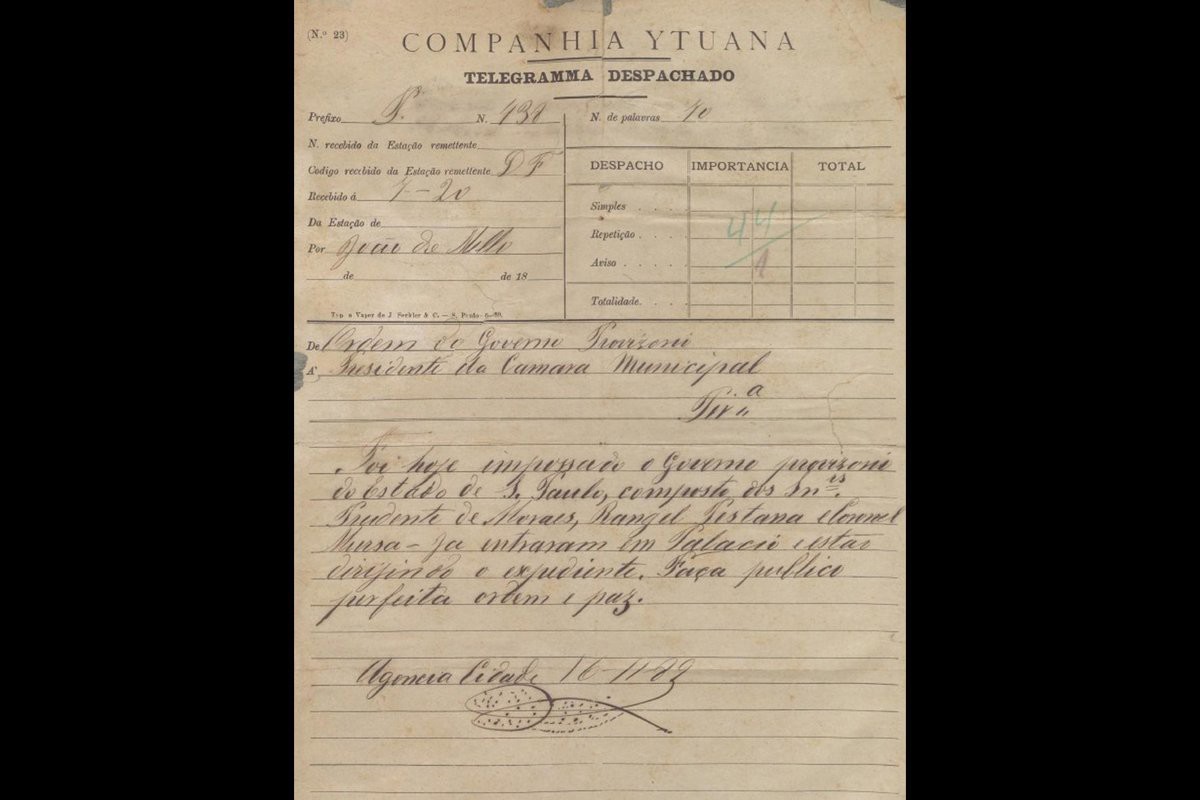 Reprodução do telegrama em que anuncia Prudente de Moraes como integrante da junta governativa do Estado de São Paulo, em 16 de novembro de 1889
