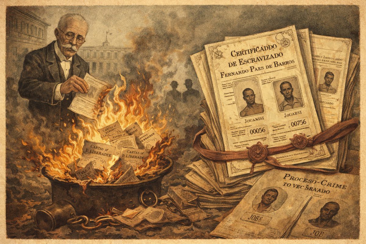 Certificados de propriedade de escravizados foram preservados em processo-crime do Século 19 em Piracicaba. Crédito: imagem produzida com o uso de I.A.