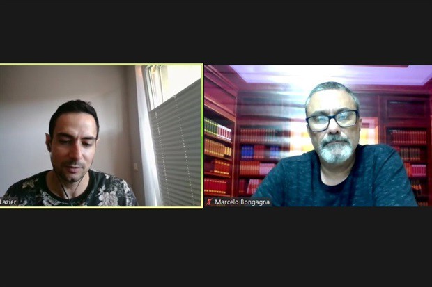 O cientista político Tiago Lazier (à esquerda) e o mediador Marcelo Bongagna durante roda de conversa na Escola do Legislativo na tarde desta quarta-feira (15)