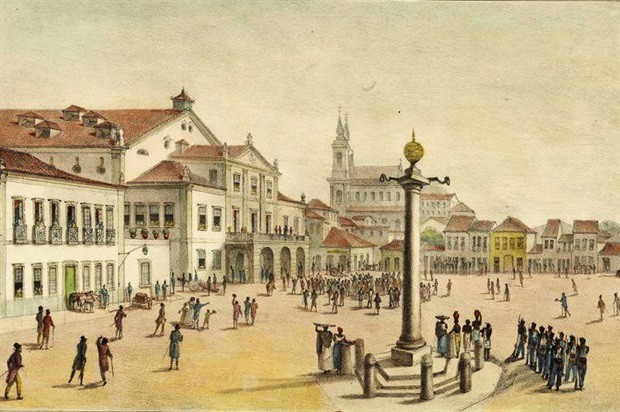 Rossio Grande, atual Praça Tiradentes, no Rio de Janeiro, com pelourinho ao centro; pintura de Debret (1834)