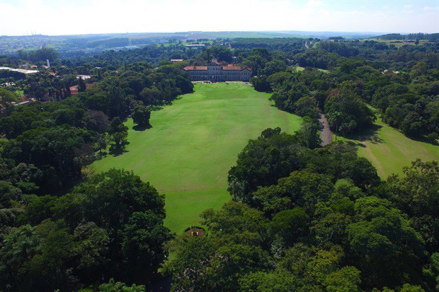 Imagem de 2017 retrata a vista aérea do amplo gramado e vegetação e, ao fundo, o prédio principal da Esalq/USP