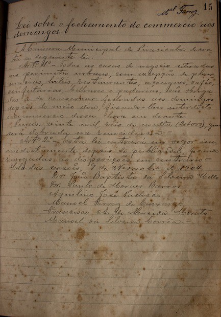 Lei de Fechamento do Comércio (1904). Arquivo Permanente da Câmara de Vereadores de Piracicaba